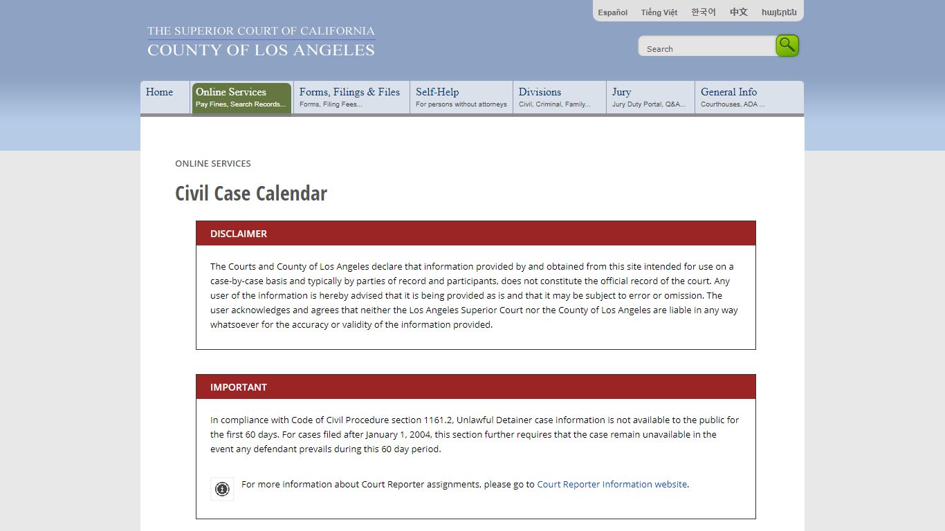 Case Calendar - Online Services - LA Court