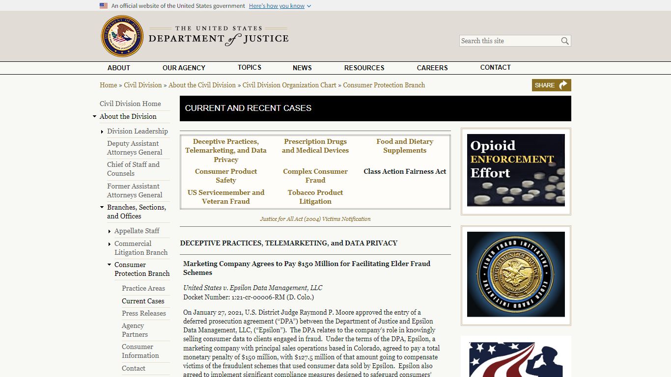 Current and Recent Cases | CIVIL | Department of Justice